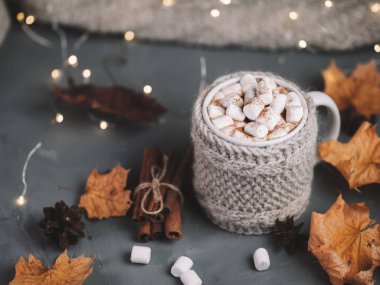 Sıcak çikolata, sonbahar ve kış içecekleri masada marşmelov ve tarçın ve kuru sarı sonbahar akçaağaç yapraklarıyla.