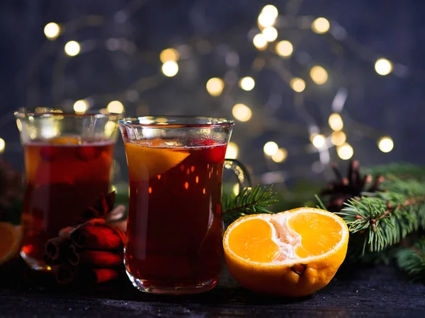 Inverno Natal Mulou Vinho Vinho Tinto Com Temperos Tangerinas Fruto — Fotografia de Stock