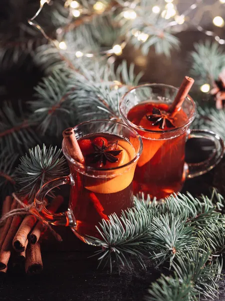 Deux Verres Boisson Chaude Traditionnelle Noël Hiver Vin Chaud Vin — Photo