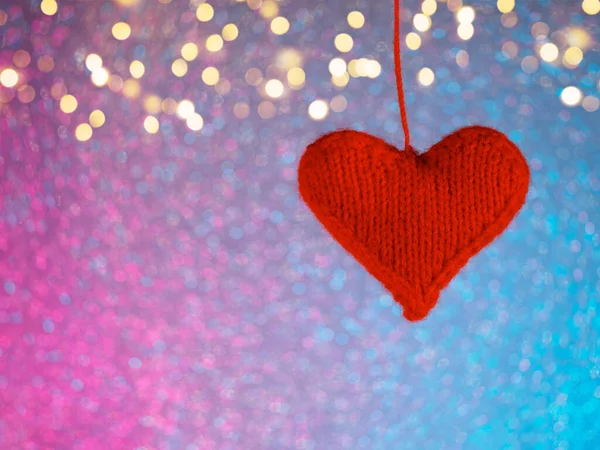 Red Knitted Heart Bokeh Background Copy Space Blue Purple Neon — Stockfoto