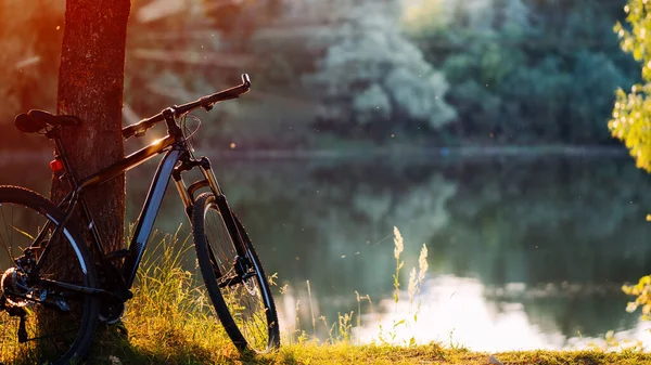 마운틴 바이크는 강변에 있습니다 색깔의 공간이죠 자전거 여행을 — 스톡 사진