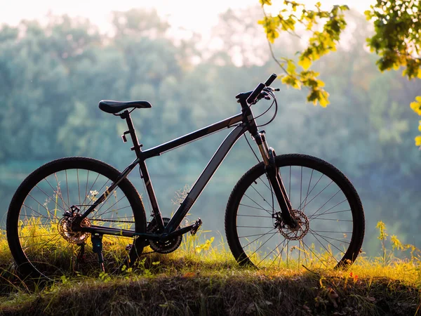 Cykla Floden Bank Vid Solnedgången Aktivt Livsstilskoncept Grön Park Eller — Stockfoto