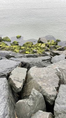 Deniz manzarası ve yağlı boya efektli uçurumlar.