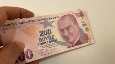 Beyaz zemin üzerinde Türk lirası banknotları