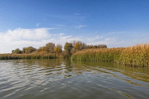 Sonbahar Mevsiminde Göl Manzarası Sazlıklar Yağlı Boya Efektiyle — Stok fotoğraf