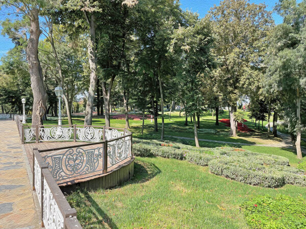 Istanbul,turkey-semtember 12,2021.Khedive pavilion and grove on the hills of Istanbul's Bosphorus. landscapes from the grove with its green nature and beauties in autumn.