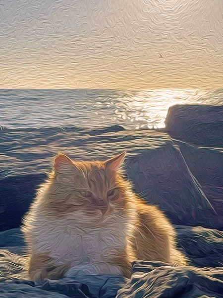 Žlutá Kočka Přírodě Olejomalba Efekt — Stock fotografie