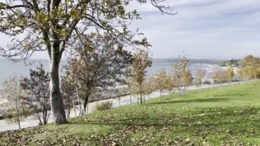 İstanbul, Türkiye-27 Kasım 2021.Marmara Deniz manzaralı Florya kamu parkı ve sonbahar sezonu İstanbul, Türkiye.