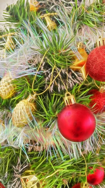 Közelkép Karácsonyfa Dekorációk Díszek — Stock Fotó