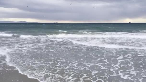 Onde Sulla Spiaggia Nella Stagione Invernale Tempo Nuvoloso Mare Marmara — Video Stock