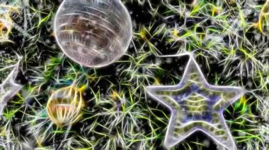 Fraktal görüntü. Noel ağacı süslemelerini ve süslemelerini Noel tebrikleri ve hareket efektiyle kapat.