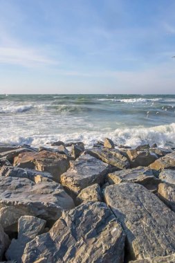 Deniz kıyısı, kayalıklar ve kış mevsiminde şiddetli dalgalar.