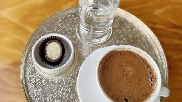 Traditional Turkish Coffee Chocolate Glass Water Silver Tray — Foto Stock