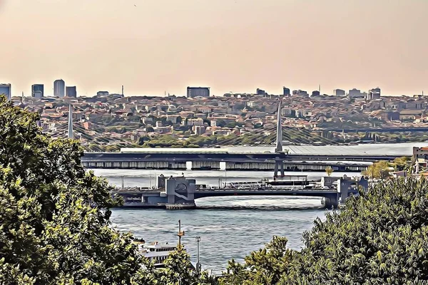 イスタンブール トルコ 1月14 2022 ヨーロッパとアジアの大陸の間の夢の都市 イスタンブール 漫画効果を持つイスタンブールの都市景観と観光スポット — ストック写真