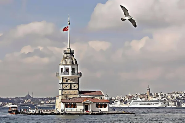 イスタンブール トルコ 1月14 2022 ヨーロッパとアジアの大陸の間の夢の都市 イスタンブール 漫画効果を持つイスタンブールの都市景観と観光スポット — ストック写真