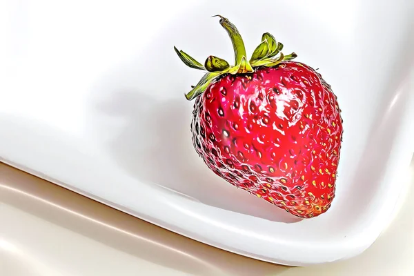 Single Strawberry White Plate — Stock Photo, Image