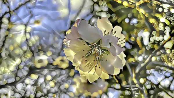 Nahaufnahme Frühlingsblumen Auf Ästen Winter Mit Cartoon Effekten — Stockfoto