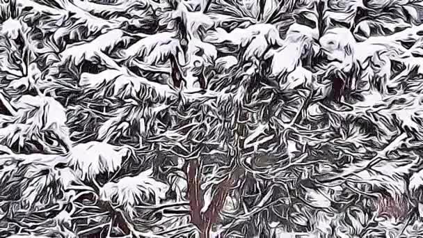 暴风雨天气和冬季有卡通效果的树木 — 图库视频影像
