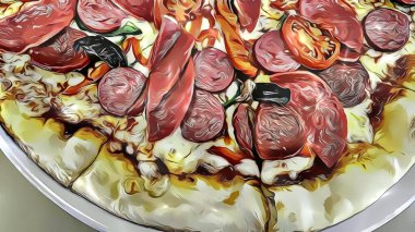 Pizza yemeye ve çizgi film efektiyle dilimlemeye hazır..