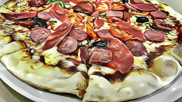 Pronto Para Comer Pizza Fatias Com Efeito Desenho Animado — Fotografia de Stock