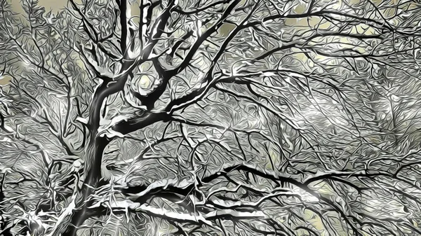 Cabang Pohon Tertutup Salju Alam Dengan Efek Kartun — Stok Foto