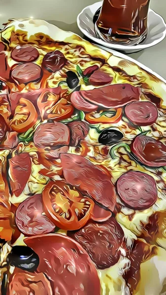 Gotowy Jedzenia Pizzy Plasterki Efektem Kreskówki — Zdjęcie stockowe