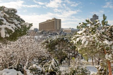 İstanbul, Türkiye-25 Ocak 2022. Karlı bir kış gününde Türkiye 'nin İstanbul kentinde Macka demokrasi parkından Hilton Hotel ile manzara.