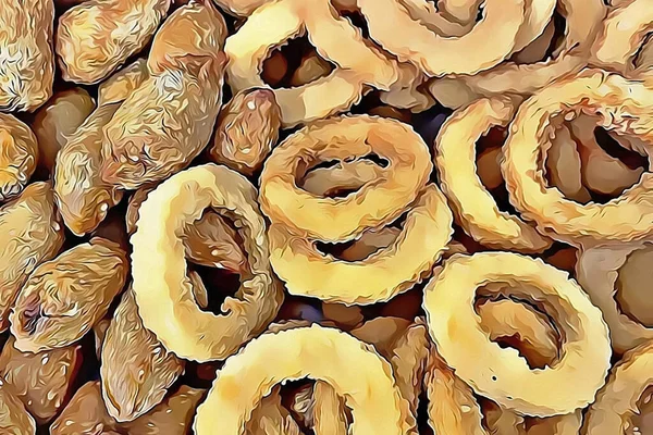 Onion Rings Potato Croquettes Cartoon Effect — Stock Photo, Image