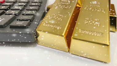 Altın çubukları hesap makinesi ve kar taneleri etkisi ile kapat