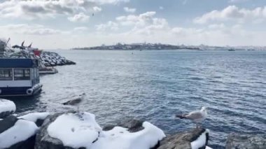 İstanbul, Türkiye-11 Mart 2022 Şehir manzarası Uskudar 'dan, Asya' nın tarihi ilçesinden ve kış mevsiminde İstanbul Boğazı 'nın yanından.