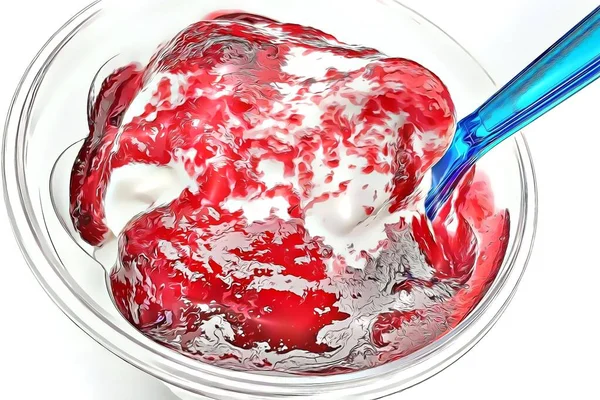 用塑料杯和勺子盛水果酱的冰淇淋 — 图库照片