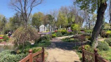 Emirgan, istanbul, Türkiye 20.2022 İstanbul Lale Festivali. İstanbul 'da lale sezonu temalı park ve bahçelerde festival düzenlendi. İstanbul 'daki Emirgan koruluğundan ve Nisan ayındaki lale festivali manzarası