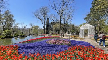 Emirgan, istanbul, Türkiye 20.2022 İstanbul Lale Festivali. İstanbul 'da lale sezonu temalı park ve bahçelerde festival düzenlendi. İstanbul 'daki Emirgan koruluğundan ve Nisan ayındaki lale festivali manzarası