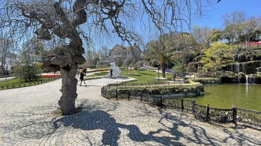 Emirgan, istanbul, Türkiye 20.2022 İstanbul Lale Festivali. İstanbul 'da lale sezonu temalı park ve bahçelerde festival düzenlendi. İstanbul 'daki Emirgan koruluğundan ve Nisan ayındaki lale festivali manzarası