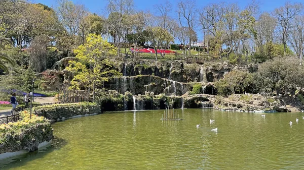 Emirgan, istanbul, Türkiye 20.2022 İstanbul Lale Festivali. İstanbul 'da lale sezonu temalı park ve bahçelerde festival düzenlendi. İstanbul 'daki Emirgan koruluğundan ve Nisan ayındaki lale festivali manzarası
