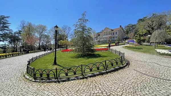 Emirgan, istanbul, Türkiye 20.2022 İstanbul Lale Festivali. İstanbul 'da lale sezonu temalı park ve bahçelerde festival düzenlendi. İstanbul 'daki Emirgan koruluğundan ve Nisan ayındaki lale festivali manzarası