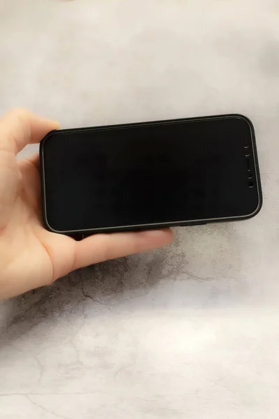 Handheld Mobile Phone Gray Background Telecommunication Technology — Fotografie, imagine de stoc