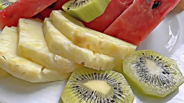 Närbild Ananas Vattenmelon Kiwi Äppelskivor Tallriken — Stockfoto