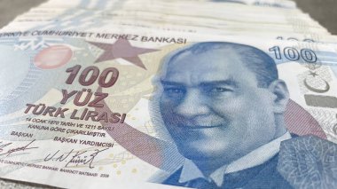 İstanbul, Türkiye. 2 Haziran 2022. Maliye ve ekonomi için 100 Türk lira banknotunu kapat.