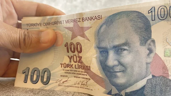 Istanbul Turquia 2022 Close 100 Notas Lira Turcas Para Finanças — Fotografia de Stock