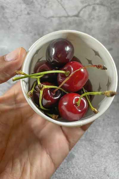 Close Cherries Bowl Grey Background — Stock Photo, Image