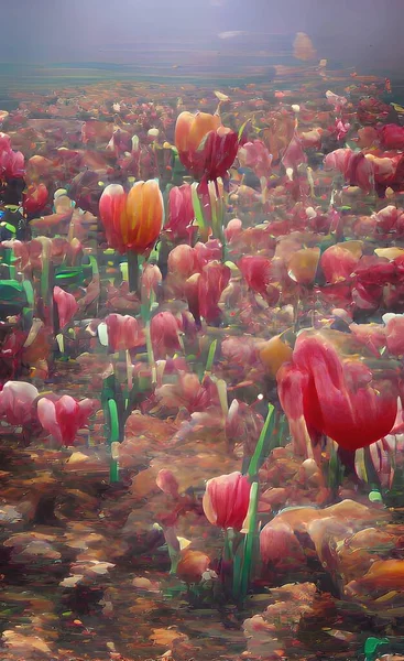 Art with artificial intelligence. colorful tulip field in nature.