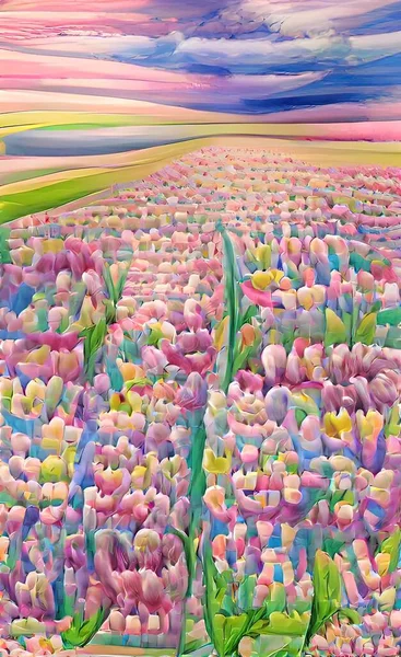 Art with artificial intelligence. colorful tulip field in nature.