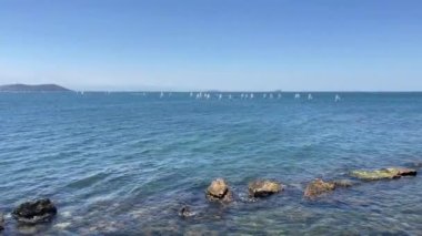 Temmuz 'un erken saatlerinde ve İstanbul' da 3 Temmuz 2022 Marmara deniz manzarası ve yelkencilik yarışları.