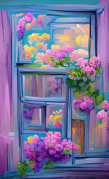 Haus Und Fenster Mit Blumen Garten — Stockvektor