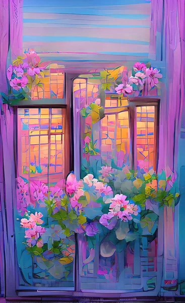 Bahçede çiçekli ev ve pencereler