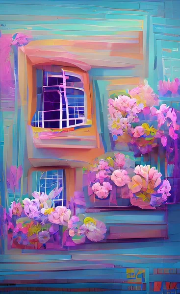 Maison Fenêtres Avec Des Fleurs Dans Jardin — Image vectorielle
