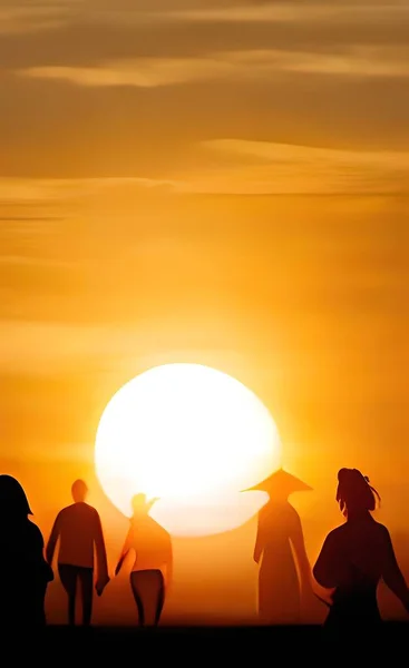 Silhouettes Personnes Coucher Soleil — Image vectorielle