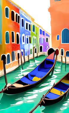 Beautiful shot of small gondolas in the river with buildings of Venice in the background, Italy