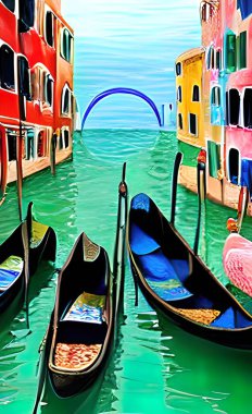 Beautiful shot of small gondolas in the river with buildings of Venice in the background, Italy